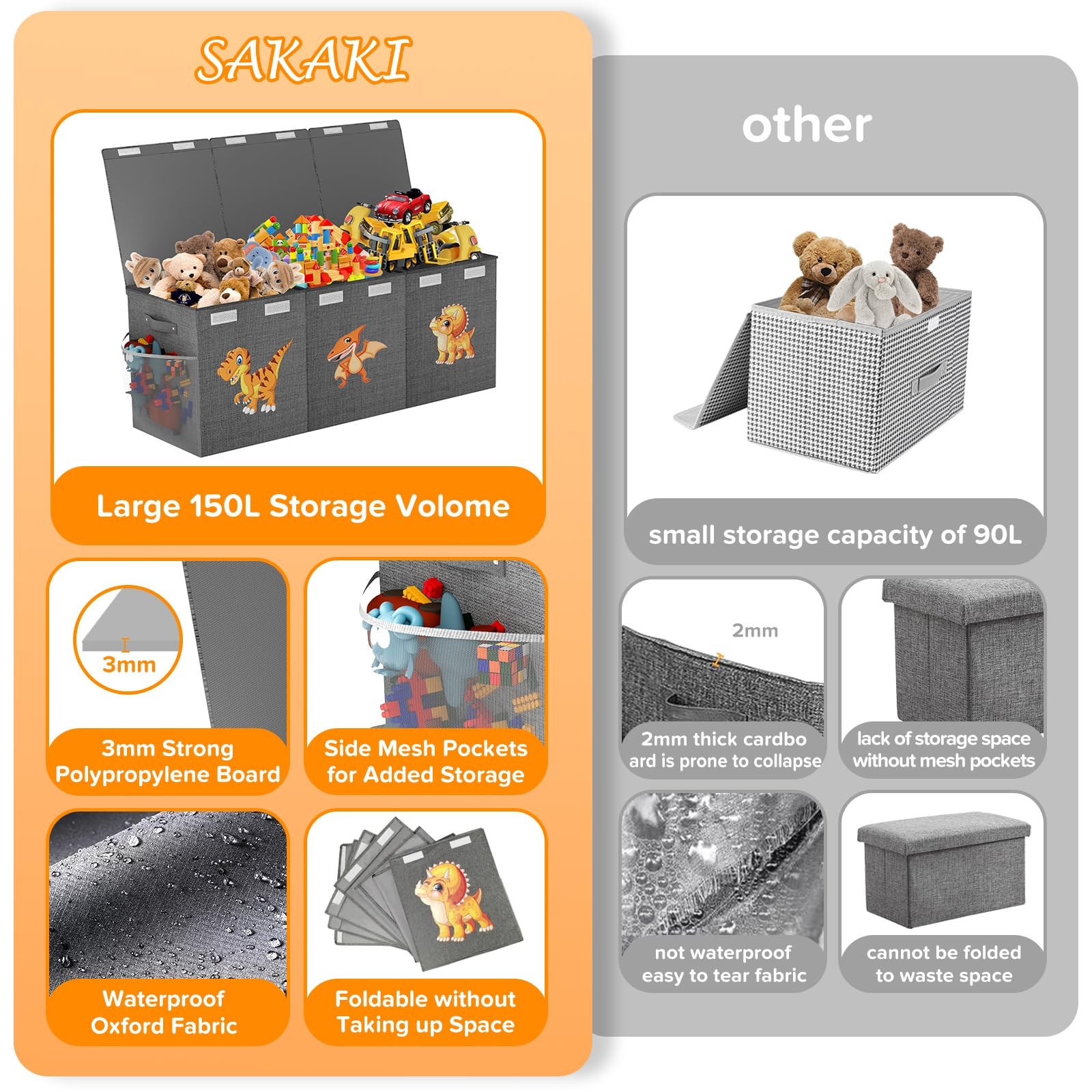 Extra Large Toy Box Chest, Collapsible Sturdy Toy Storage Organizer Boxes Bin...