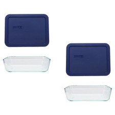 Pyrex 2 7210 3-Cup Glass Dishes and 2 7210-PC Dark Blue Lids