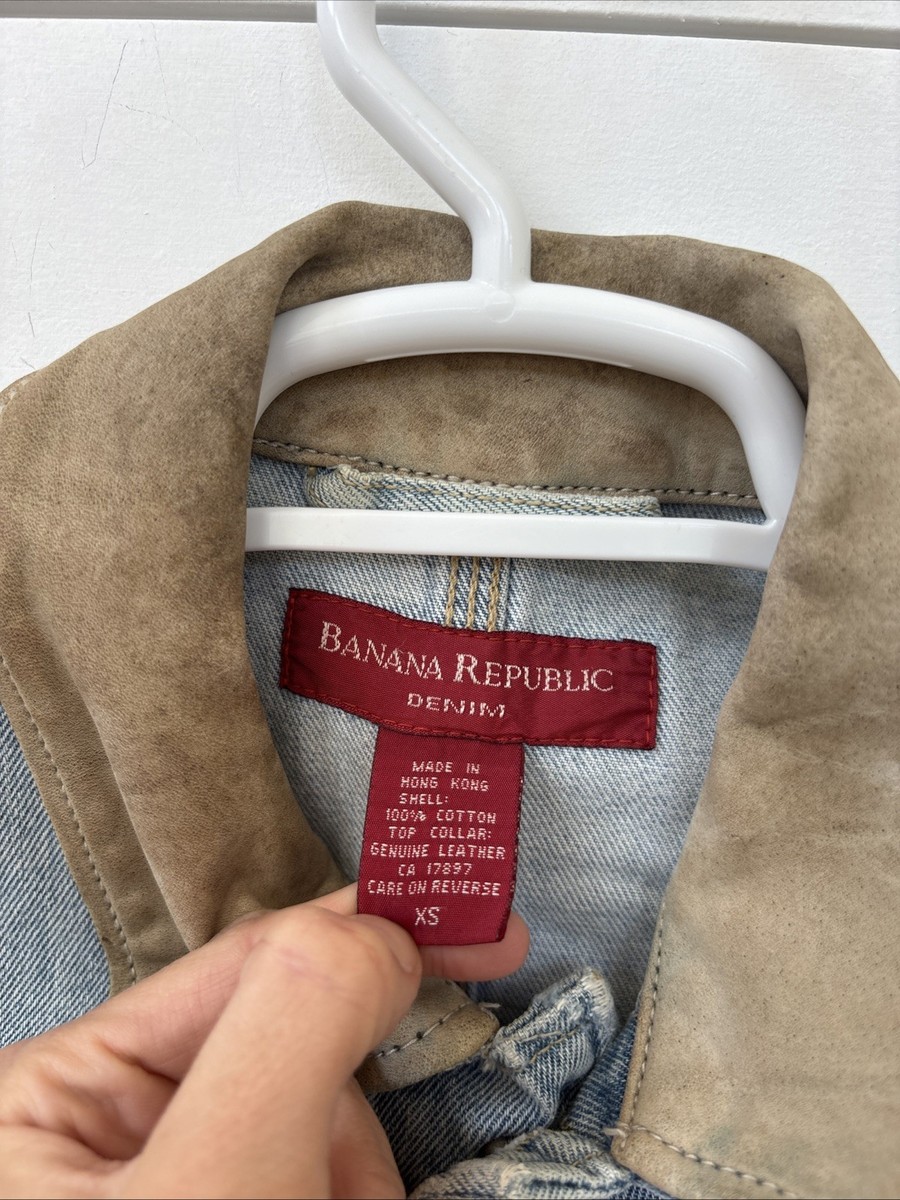 VTG Banana Republic Denim Trucker Blue Jean Jacket Leather Collar