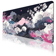 Cherry Blossom Waves Large Gaming Mousepad, Japanese Cloud Desk Mat for Keybo...