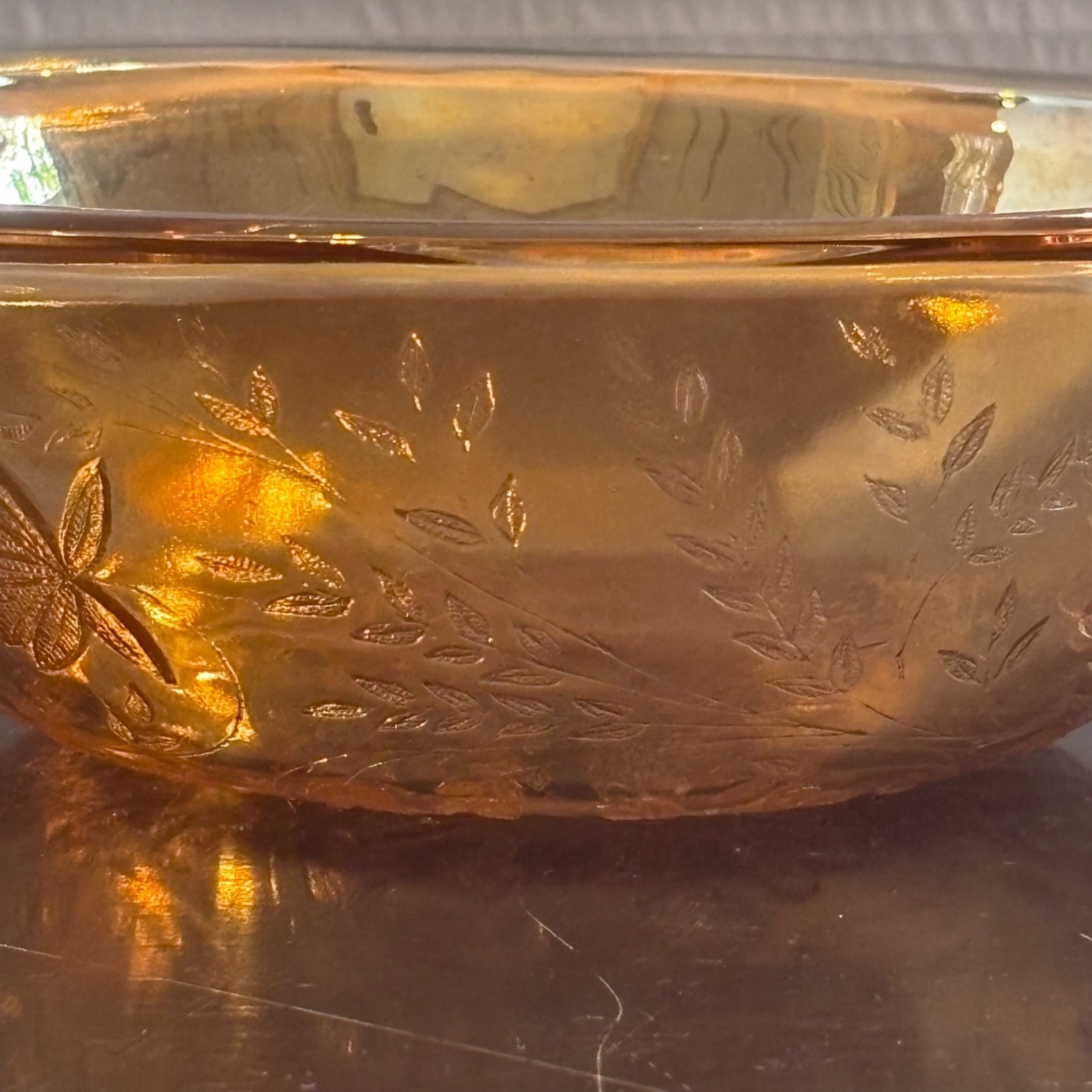 Iridescent Jeanette Amber Glass Bowl Floragold Etching Collectible Piece 8.25" D