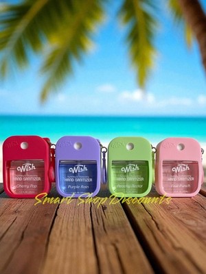 Wish Hydrating Hand Sanitizer Set of 4 w/ Silicone Keychain Holder 1.2fl oz Each