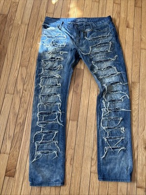 MARLON DESTROY WASHED DENIM JEANS IN BOSTON BLUE WITH STUDS AND CRYSTAL Size 38