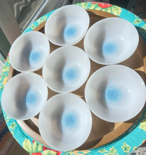 7 Vintage Anchor Hocking Fire King Blue Mosaic Berry Dessert Bowls 4 1/2" MCM