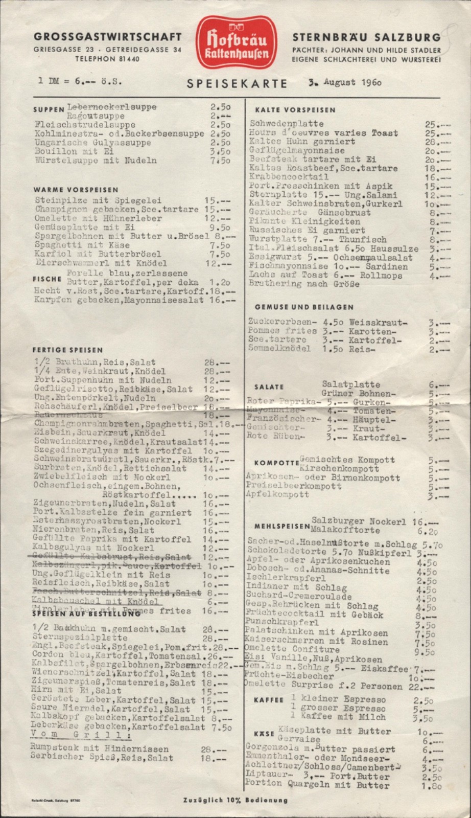 1960 GROSSGASTWIRTSCHAFT vintage dinner menu SALZBURG, AUSTRIA - Hofbrau Beer