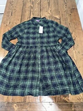 Adore Me Large Long Sleeve Button Down Ruffle Dress Plaid Green Blue Viscose