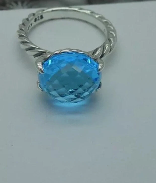 David Yurman 经典凸圆形蓝色黄玉 925 银单颗电缆戒指 — 第 4/4 张图片