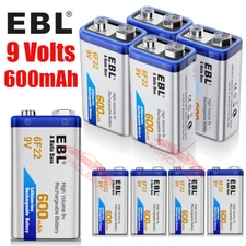 EBL 6F22 9V Rechargeable Batteries 600mAh 9 Volts Lithium Battery /Charger Lot