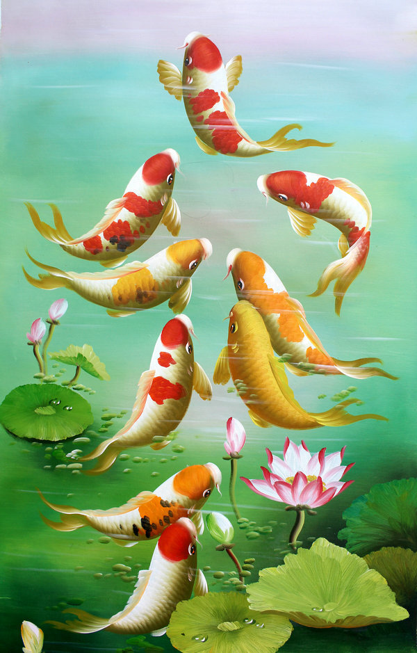 家居艺术墙面装饰风水鱼锦鲤油画图片高清印花帆布| eBay