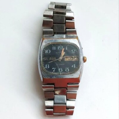 Rare VINTAGE Soviet mens wrist watch SLAVA Tank Automatic 27jewels