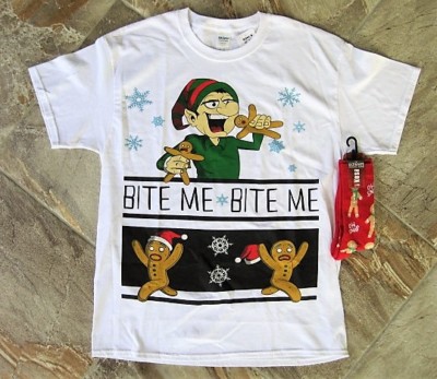 New Gildan Large 100% Cotton BITE ME Elf Tee Shirt & Christmas OH SNAP Red Socks