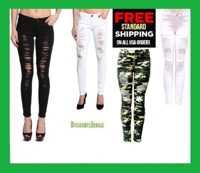 BLACK & WHITE Distressed Women's Ripped Destroy Stretch Denim JEANS Skinny PANTS