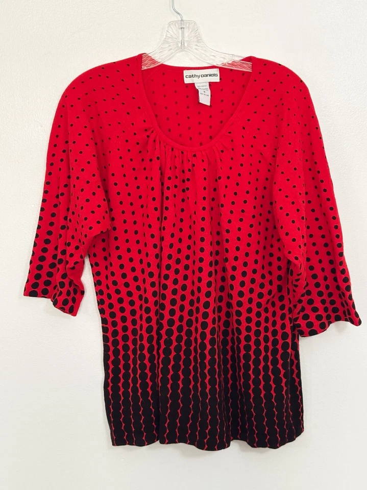 Винтажный женщин в горошек туника верхний XL свитер красный черный богемное Artsy карьера офиса Y2K - Изображение 2 из 4