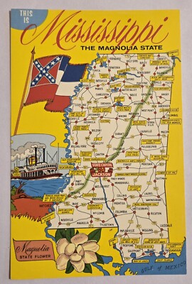 Vintage Map Postcard By  Deep South Card Mississippi MS S26