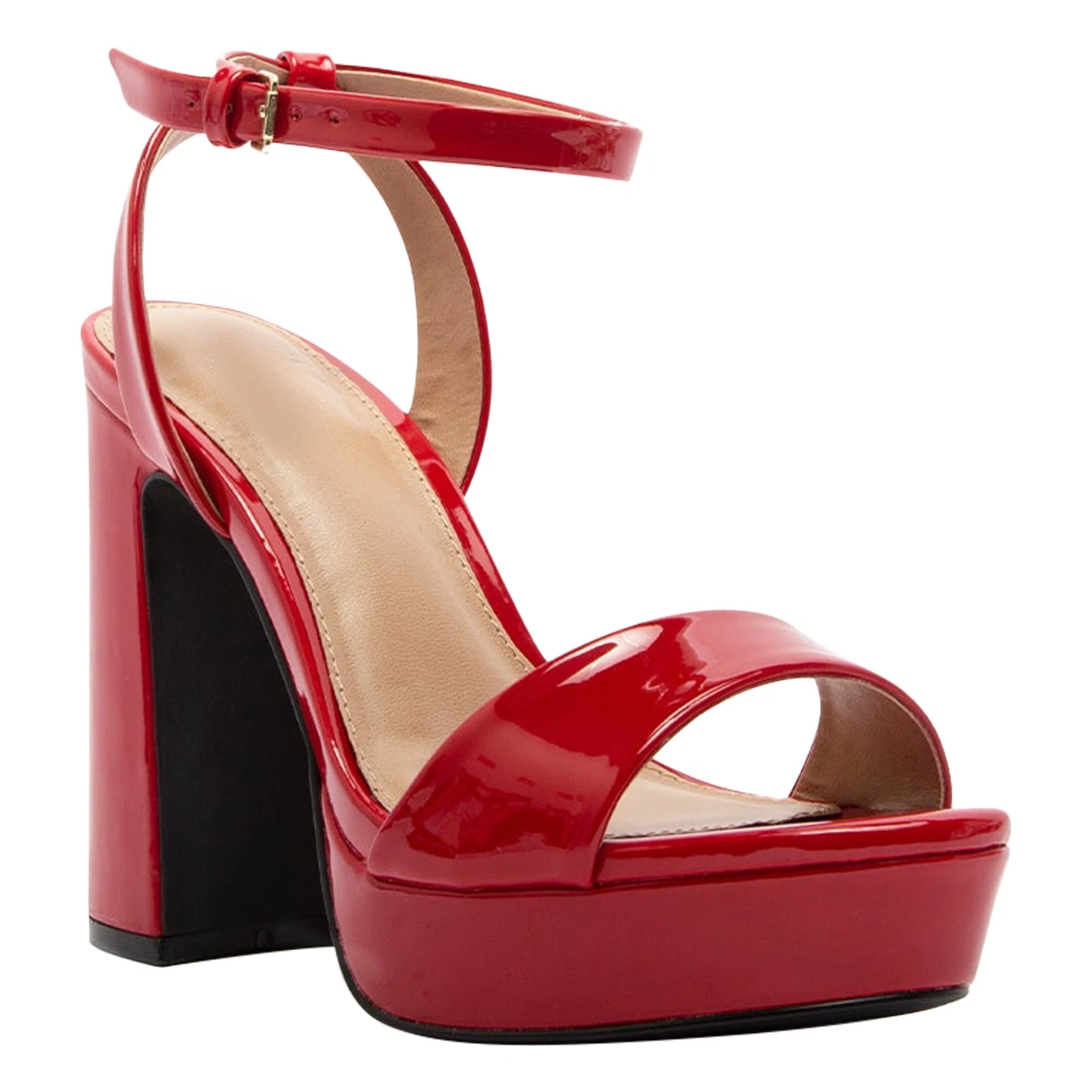 Womens Platform Sandals Open Toe Buckle Ankle Strap Chunky Block Heel Red Patent