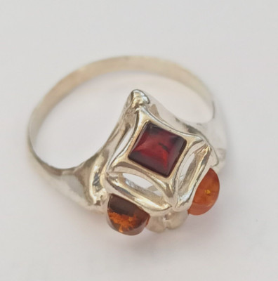 Amber Ring Honey Mix 3D Geometric Pyramid Serling Silver 925 9.5 Unique Gift WOW