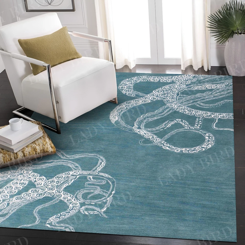 章鱼蓝色塔夫特手工羊毛东方地毯和地毯无关税和关税 — 第 3/4 张图片