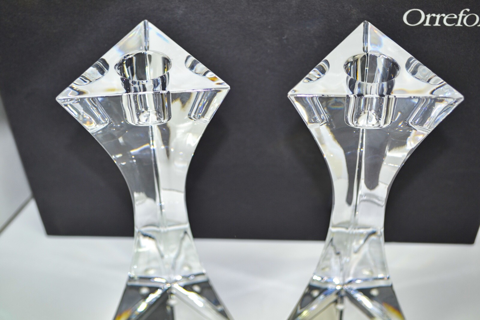 NOS Orrefors Triangel Full Lead Crystal Candle Holder Set 7-1/8 Inch Elegant