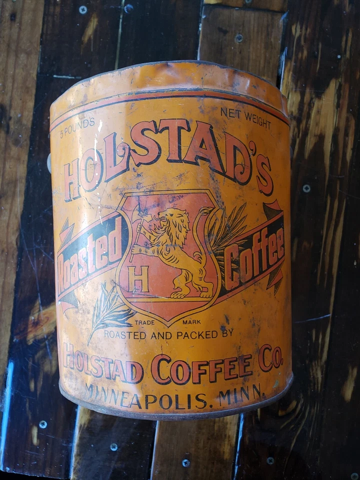 РЕДКИЙ антикварный Holstad's обжаренный кофе олово ведро Миннеаполис, Миннесота 5 фунтов как есть - Изображение 2 из 4