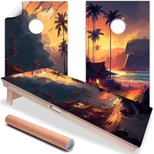 Tropical Sunset Painting Beach House Cornhole Board Wraps and Decals Sticker
