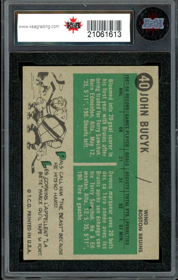 1958-59 TOPPS NHL Hockey #40 Johnny Bucyk HOF KSA 7.5  Boston Bruins Card - Image 2 of 2