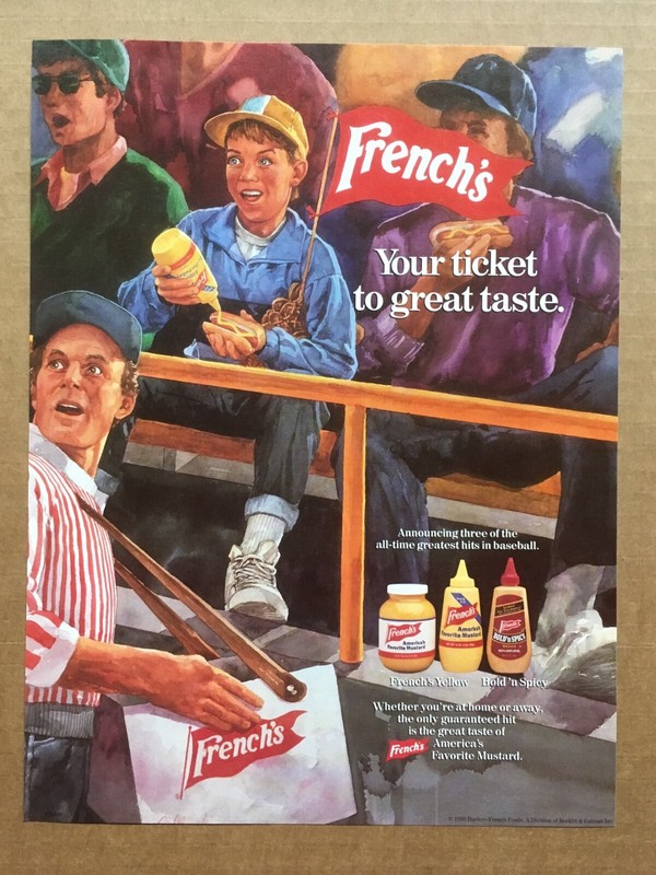 1990 French's Mustard "Your ticket to great taste" Baseball Print Ad 8.25x10.75"