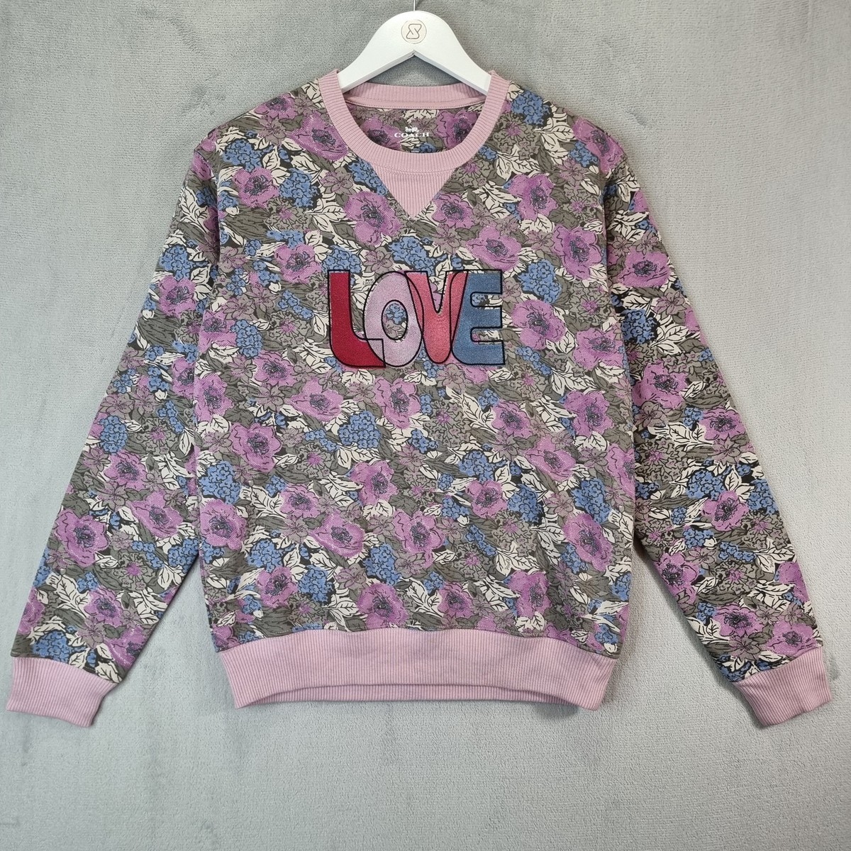 Coach Sweatshirt Womens Small Purple Pink Floral Love Embroidered