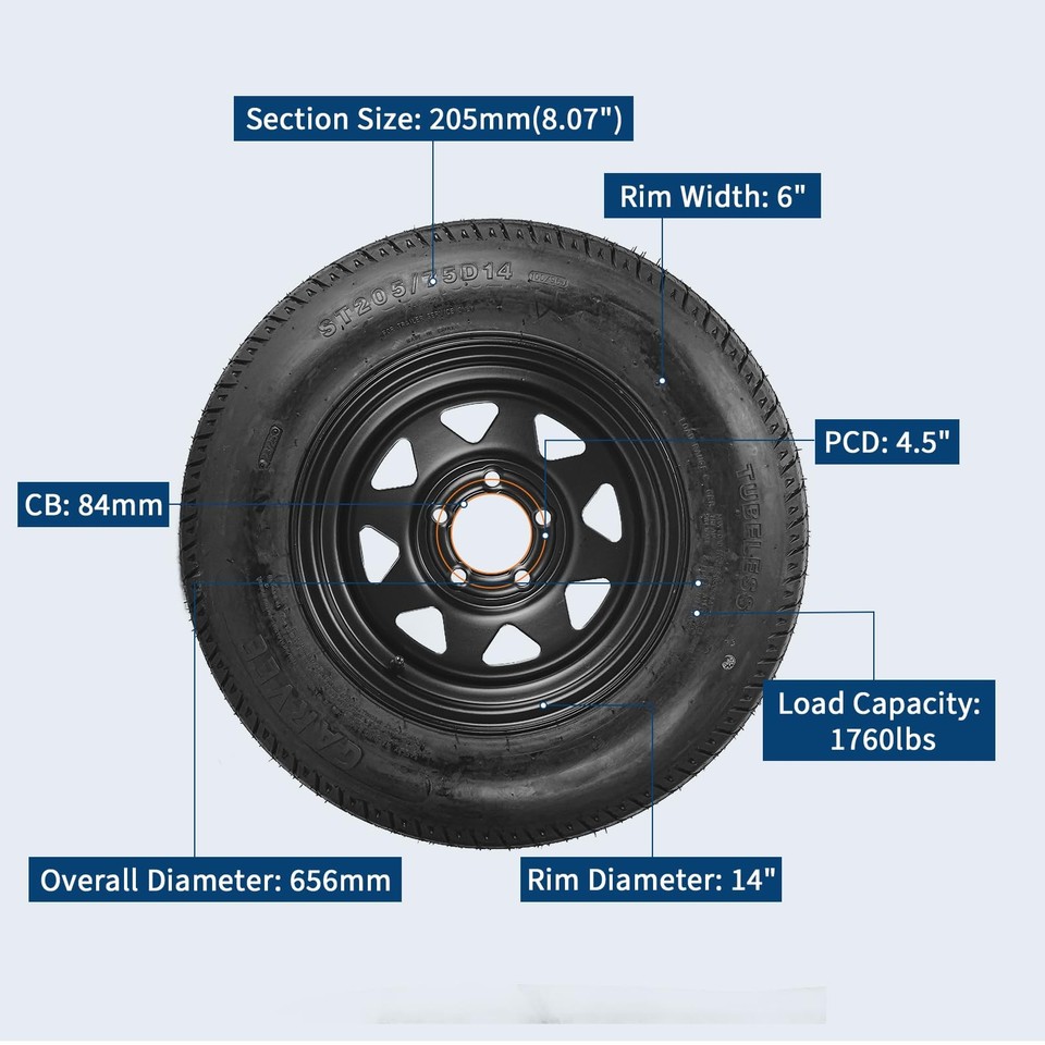 Wheel Rim Loading 4-Pack ST205/75D14 Trailer Tires On Rims Load Range C 6PLY 14
