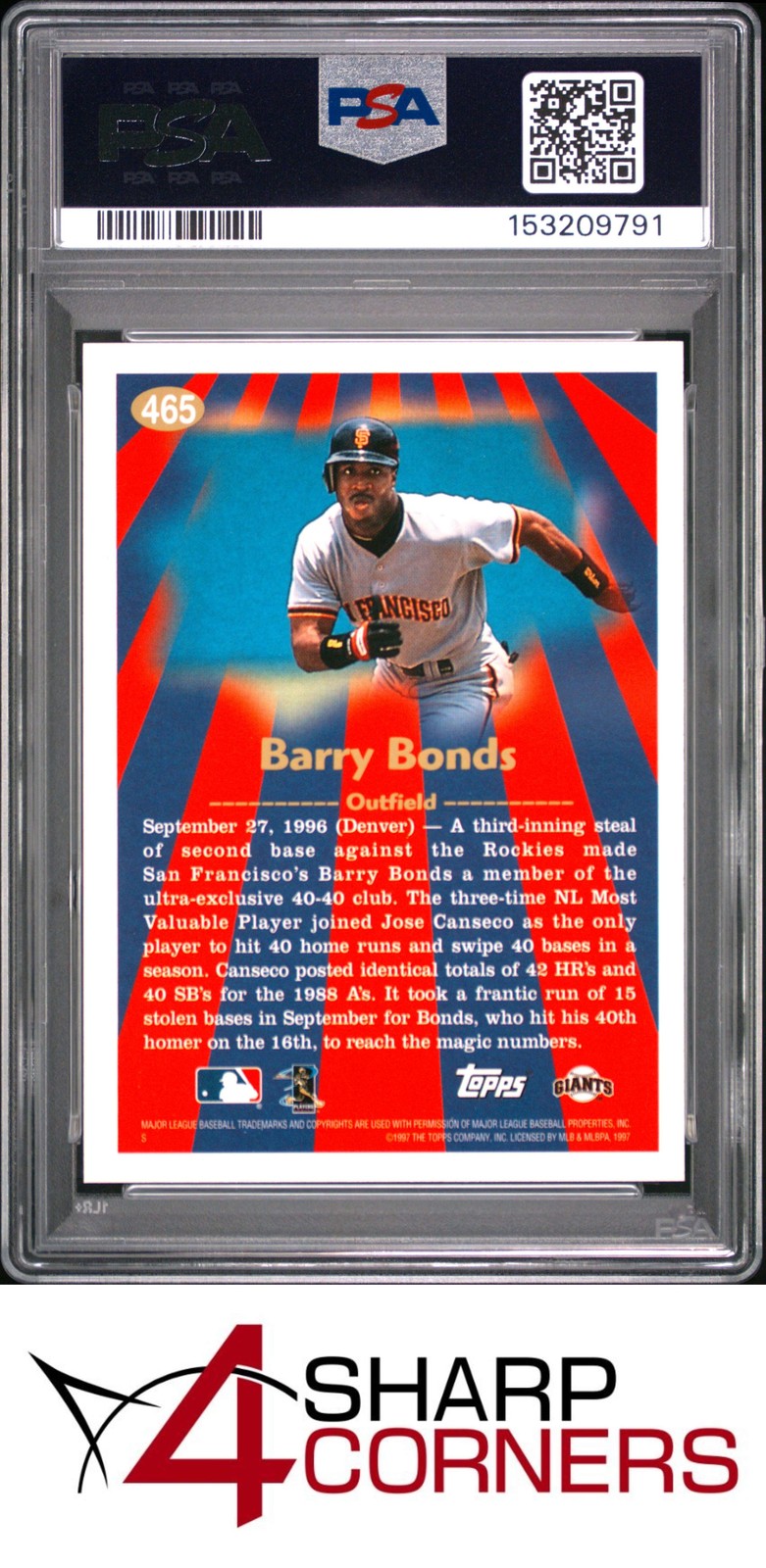 1997 TOPPS #465 BARRY BONDS GIANTS PSA 10 view 2