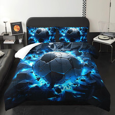 Soccer Themed Comforter Set for Kids  Teens - 3 Piece Blue Bedding Set