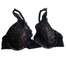 ThirdLove Women 34C Bra All Day Lace Uplift Plunge Black Beige Underwire