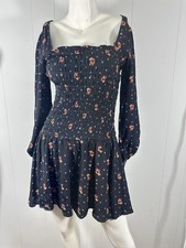 NWT Free People Black Smocked Floral Mini Dress Size Small S Long Sleeve