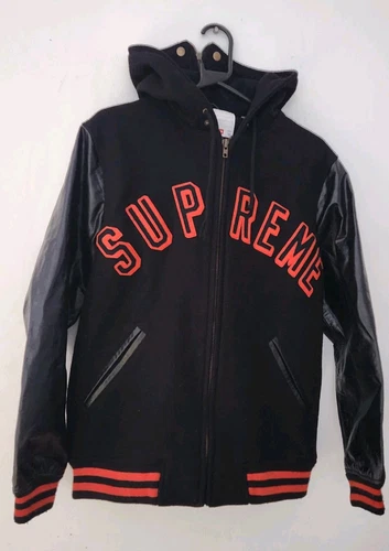 FW12 Supreme Varsity Cuir Laine Veste Capuche Noir M Vintage 2012 Rare