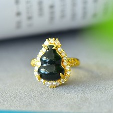 Natural Green Jade Hand Carved Gourd Jade Ring Female's Jewelry Gift Adjustable