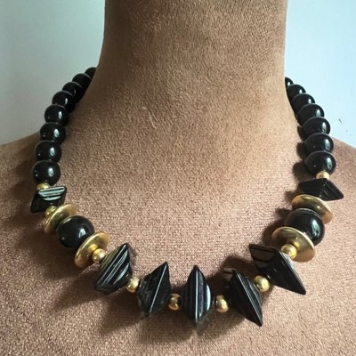 Vtg Chunky Black Geometric Beaded Statement Necklace Gold Tone 18'' Dark Academia