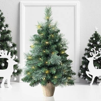 Vorbeleuchteter Mini Künstlicher Weihnachtsbaum 60cm/2ft, 68 PVC Zweige Spitzen & 17 Blumen