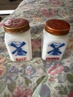 Vintage Hazel Atlas White Milk Glass Dutch Windmill Salt And Pepper Shaker Set