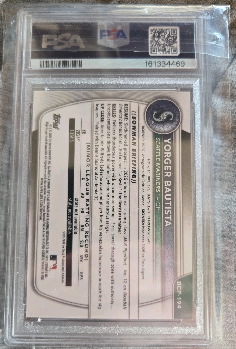 2025 BOWMAN CHROME PROSPECTS TRUE GOLD REFRACTOR YORGER BAUTISTA  /50 PSA 10!!!! view 2