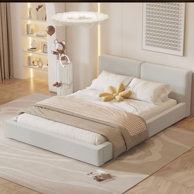 Queen Size Velvet Upholstered Platform Bed w/ Headboard & Solid Wood Frame Beige