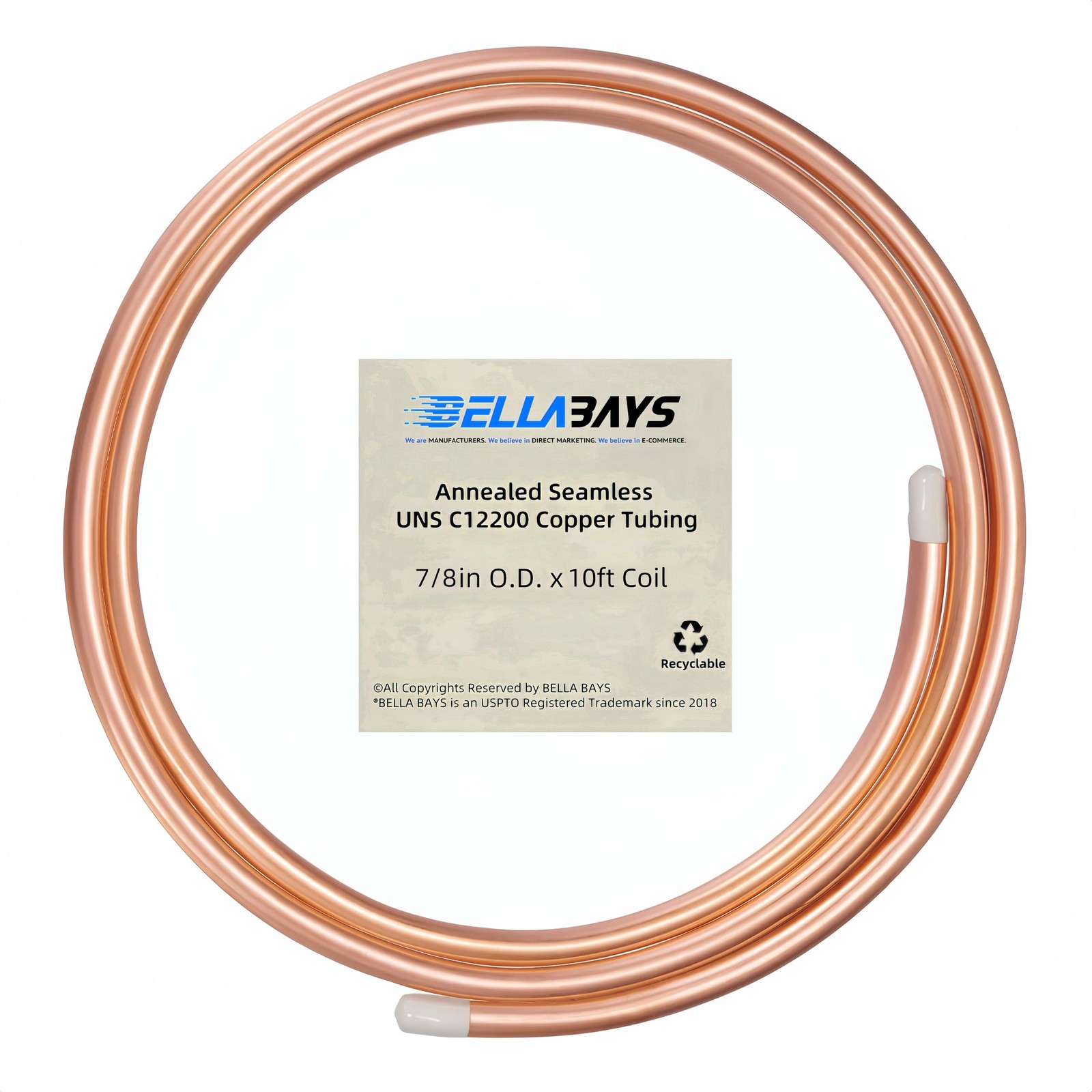 Copper Tubing 7/8 OD 10 ft Coil HVAC Refrigeration ACR C12200 B280 BELLA BAYS