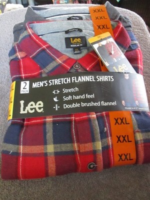Lee Men's Stretch Flannel Shirts 2-Pack, Charcoal Heather / Bulls Red NEW - XXL