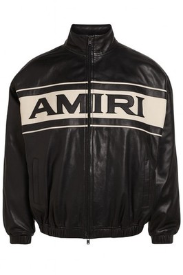 Amiri Black Leather Jacket Men s   Premium Real Leather, Full Zip, Logo Panel,