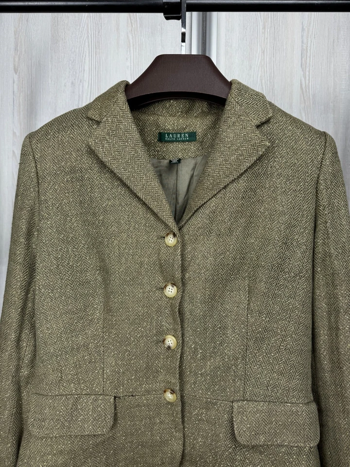 Ralph Lauren Green Gold Metallic Herringbone Blazer Linen - Image 3 of 4