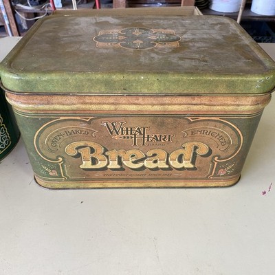 Vintage Tin Wheat Heart Brand Bread Box Farmhouse Hinged Lid MCM Cottage