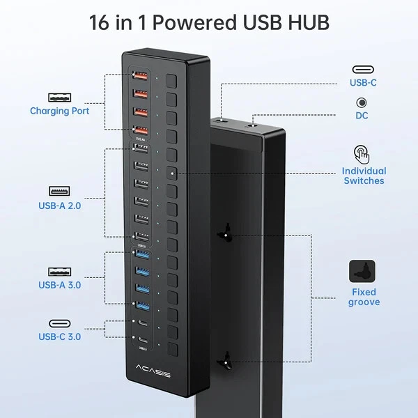 ACASIS Powered USB Hub 16 Ports Hub USB 3.0/2.0 Single Switch 60W Power Adapter