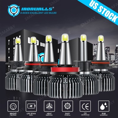8-sides 9005 9006 H11 H7 H1 9012 LED Headlight Bulbs High Low Beam Fog Kit 6500K