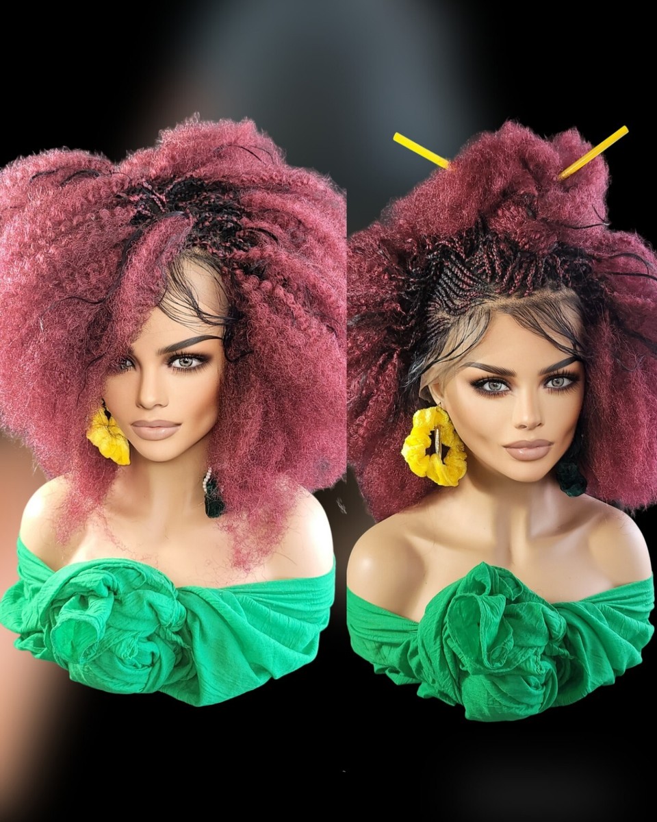 Braided wigs 100% handmade, short afro wig, stunning, colored red