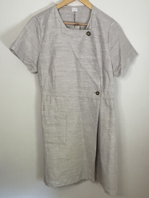 NWT Poetry Wrap Dress Linen Blend Lagenlook Beige Front Button