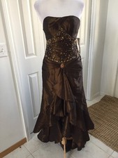 Tiffany Designs Bronze Shimmer Strapless Open Front Jeweled, Ball Gown NWT 6