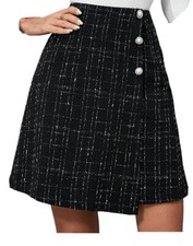 Falda elegante de tweed a cuadros con botones y cintura alta para mujer